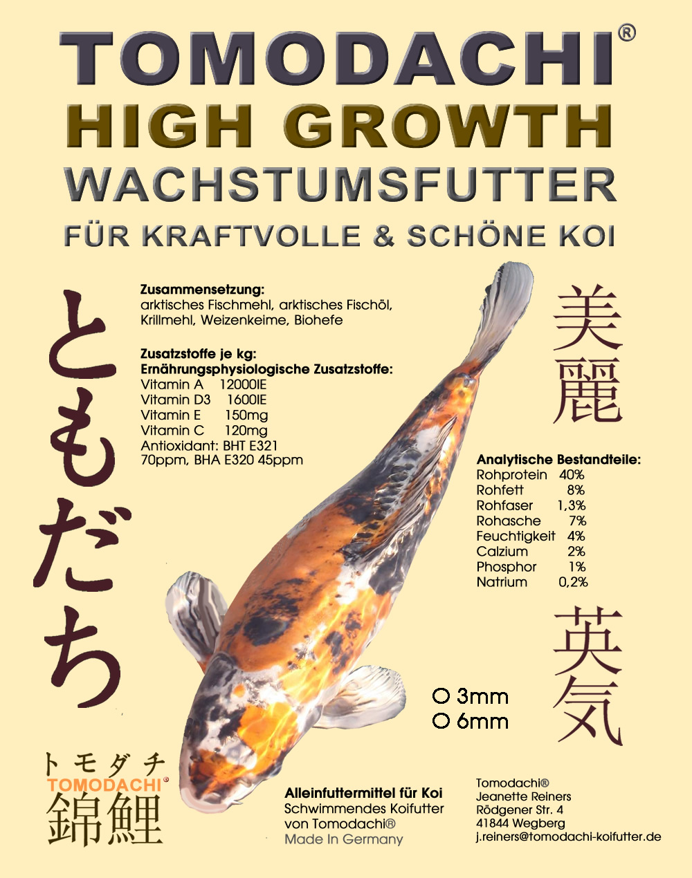 Wachstumsfutter Koi, Aufzuchtfutter, Kraftfutter Koi,Tomodachi High Growth 6mm 15kg