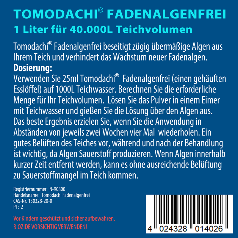 Fadenalgenvernichter Tomodachi Fadenalgenfrei  mineralisches Algenpulver 1L für 40m³ Teichwasser