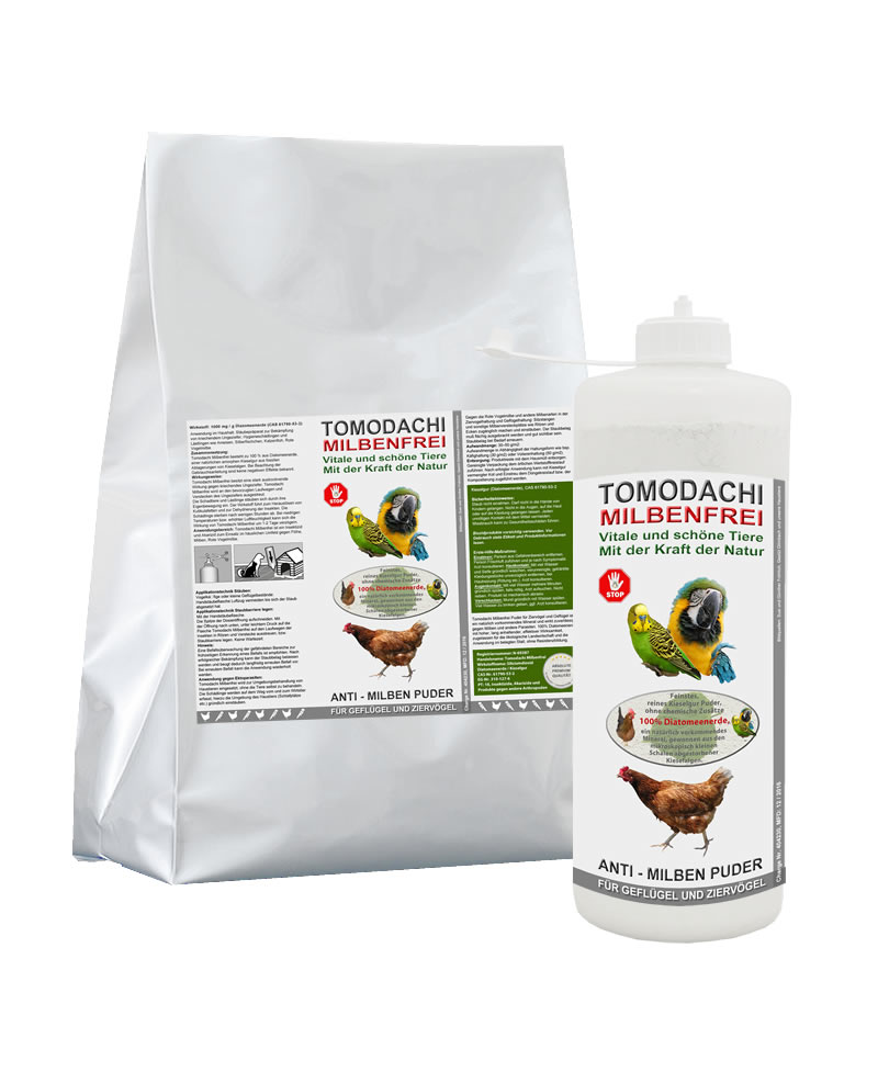 Vogelmilben Frei, Anti-Milben Puder, Milbenpulver 2kg + 100g Stäubeflasche, Set Tomodachi Milbenfrei