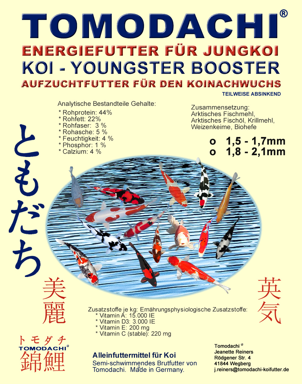 Koifutter, Aufzuchtfutter junge Koi, Wachstum und Energie für Tosai, Youngsterbooster 1,8-2,1mm 2kg