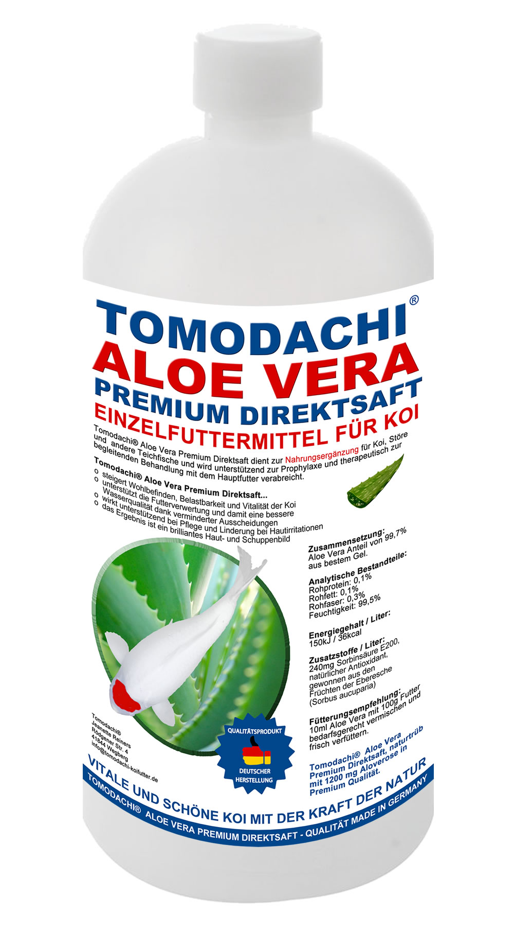 Aloe Vera Premium Direktsaft für Koi, Koifutterzusatz, Immunschutz, Stoffwechsel, Verdauung  1L