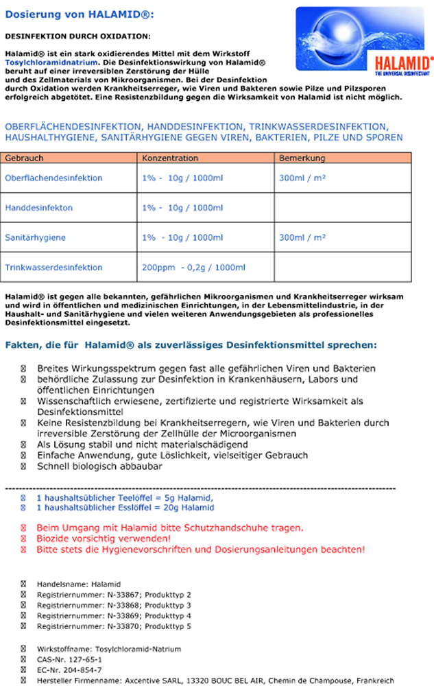Halamid Desinfektionsmittel zertifizierte Antivirus Desinfektion gegen Viren, Bakterien, Pilze 300g