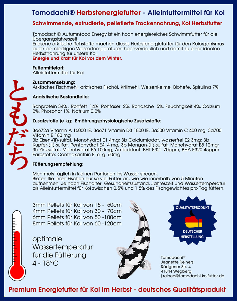 Koifutter Herbstfutter Energiefutter schwimmend mit Spirulina Farbverbesserung, Immunschutz 15kg 8mm