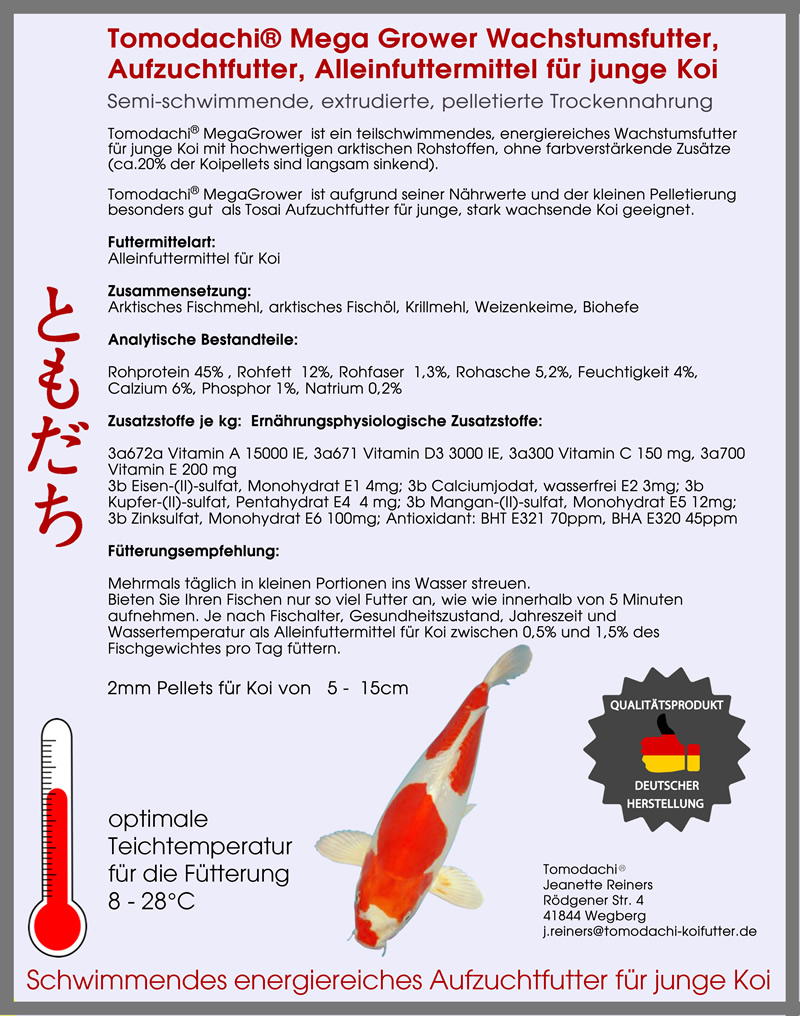 Tomodachi MegaGrower Koifutter, Wachstumsfutter, Aufzuchtfutter Jungkoi, 2mm 10kg
