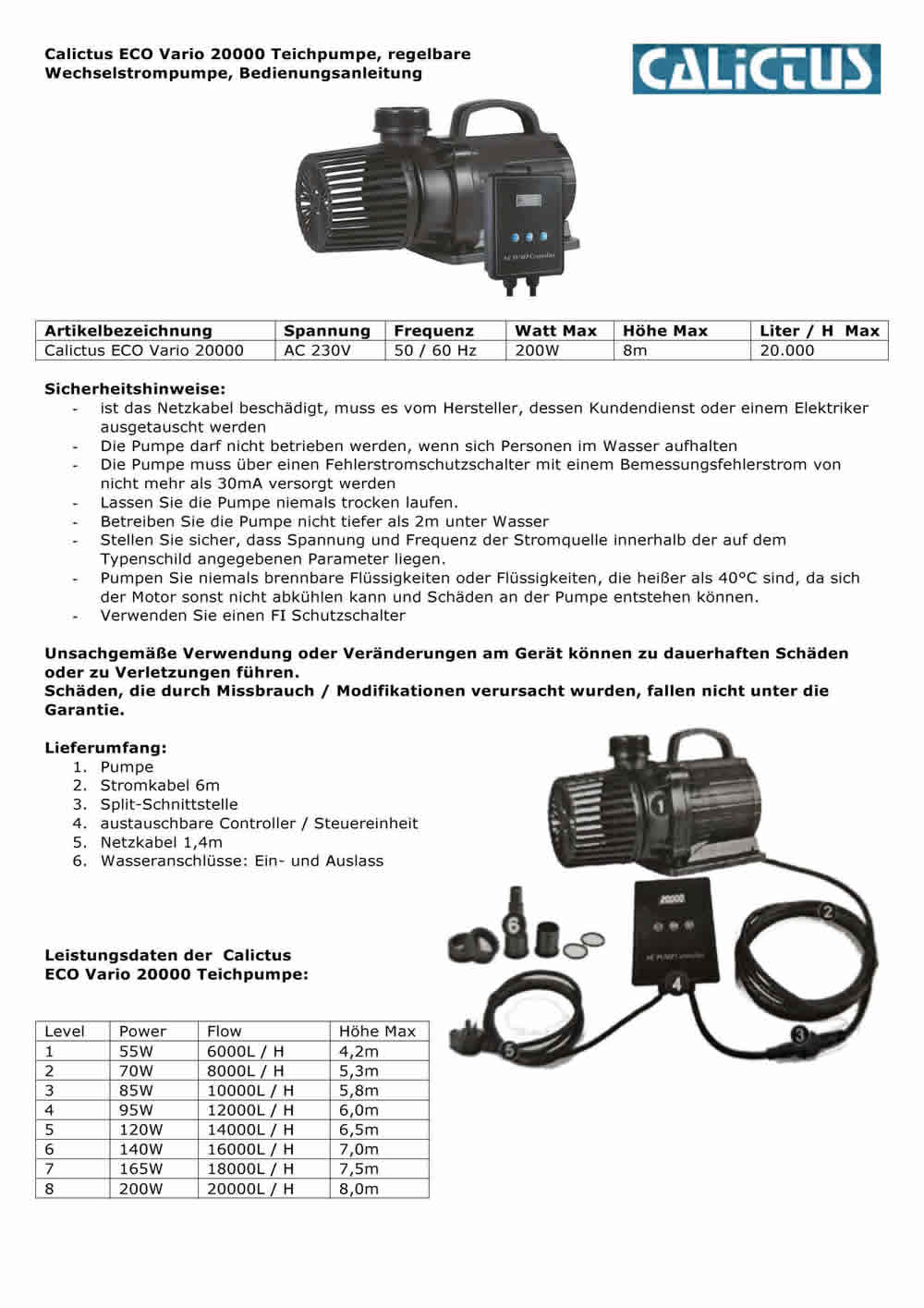 Teichpumpe, Filterpumpe, Bachlaufpumpe regelbar, energiesparend Calictus ECO 20000 Vario