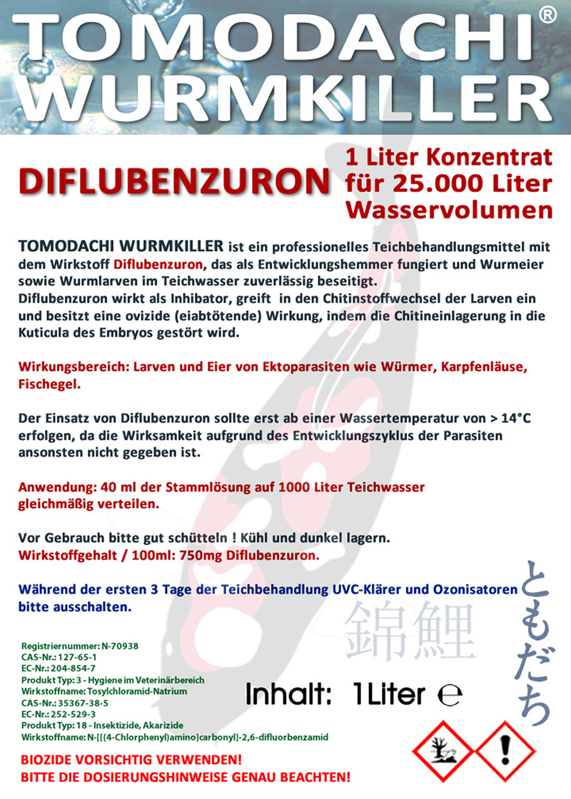 Anti Wurmmittel Diflubenzuron  Anti Karpfenlaus Tomodachi Wurmkiller 1L Konzentrat für 25 m³ Teiche