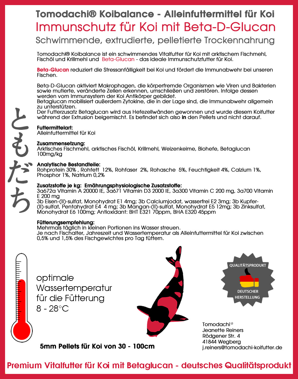 Betaglucan Koifutter, Tomodachi Koibalance, Schwimmfutter Immunschutz, Vitalfutter Koi  5mm 10kg