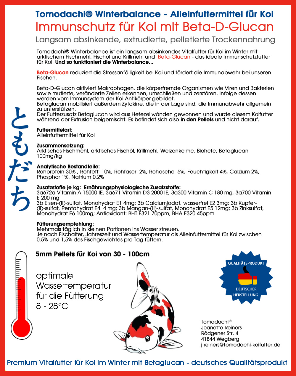 Betaglucan Koifutter für den Winter, Koigesundheit, Immunschutzfutter Koi,  Winterbalance 5mm 5kg