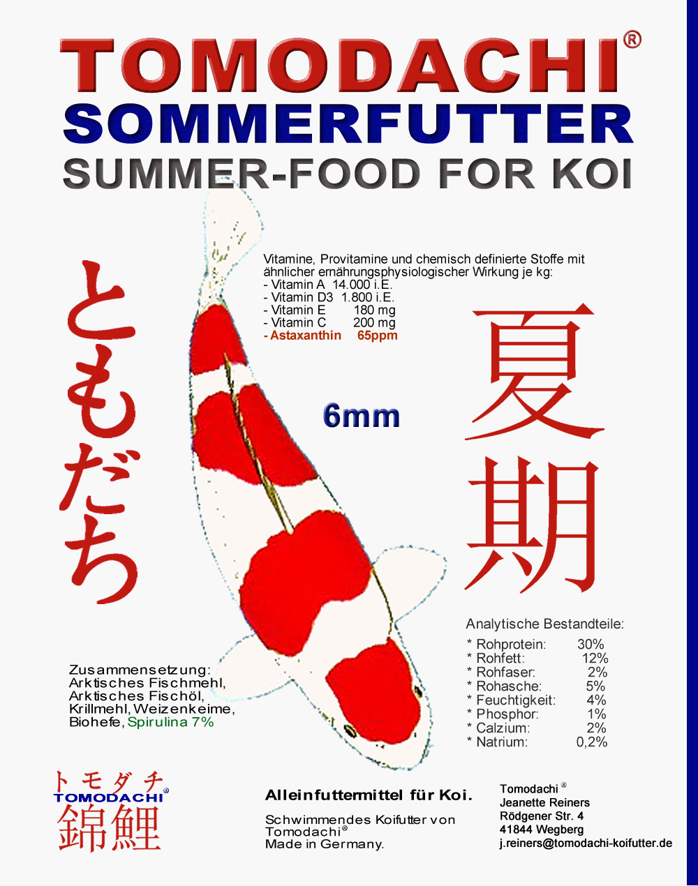 Koifutter,  Sommerfutter, Premium Schwimmfutter, Spirulina + Astax Farbschutzfutter 6mm, 10kg