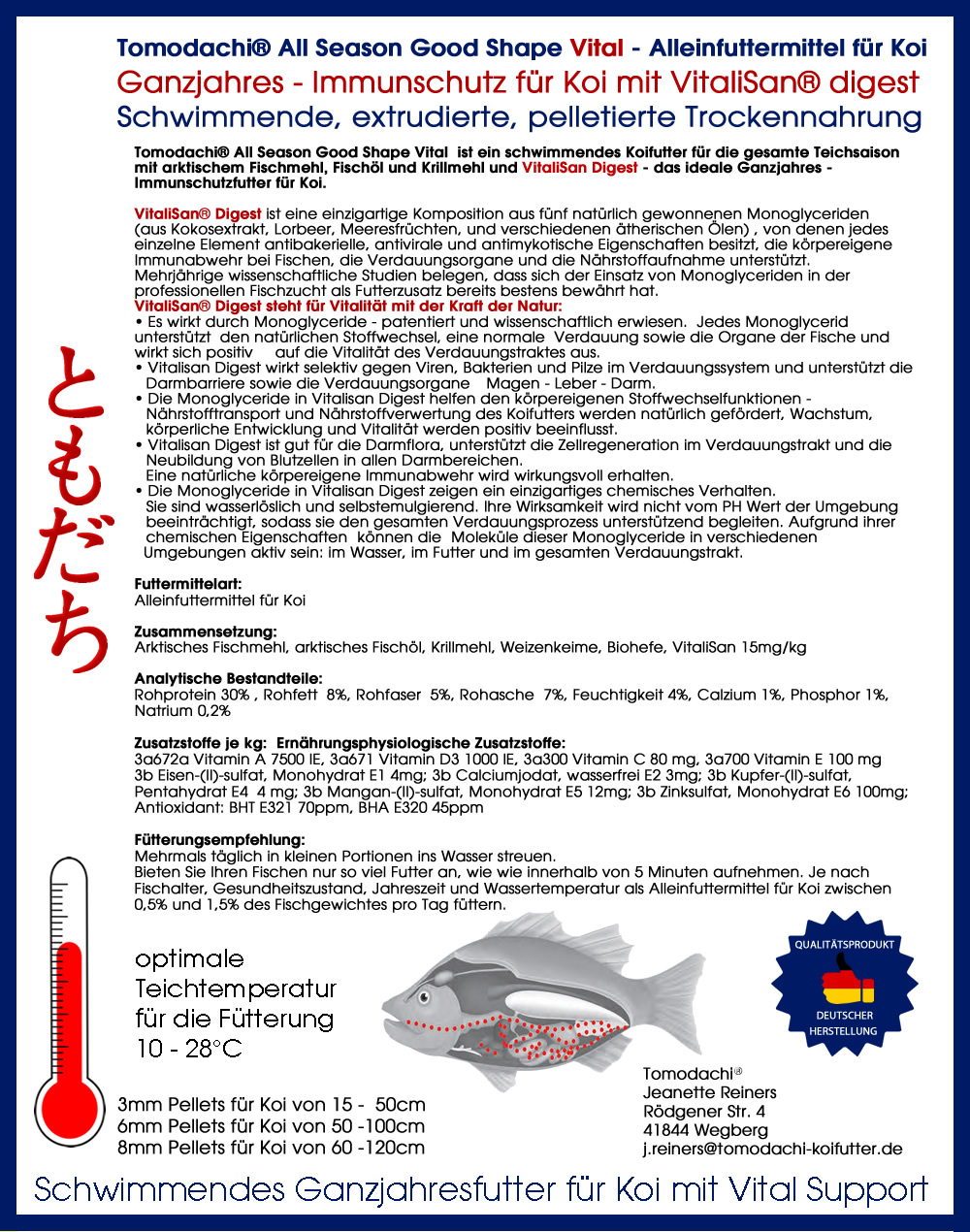 Immunschutz Koifutter mit Monoglyceriden, Gesundheitsfutter antibakteriell, All Season Vital 8mm 2kg