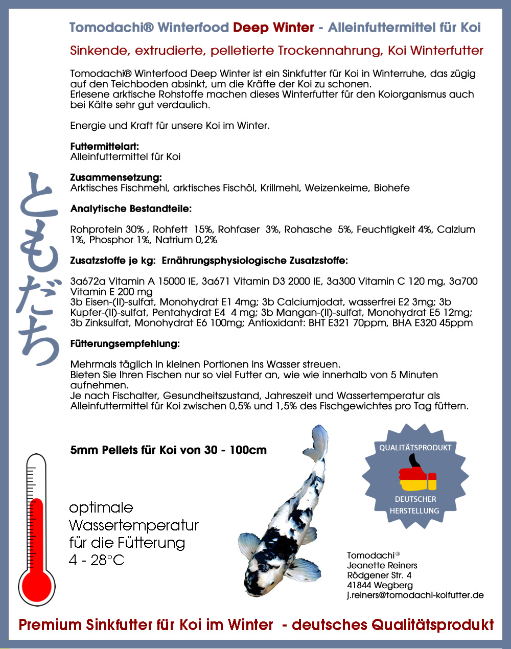 Koiwinterfutter, Sinkfutter für Koi im Winter Tomodachi Deep Winter 5mm 15kg
