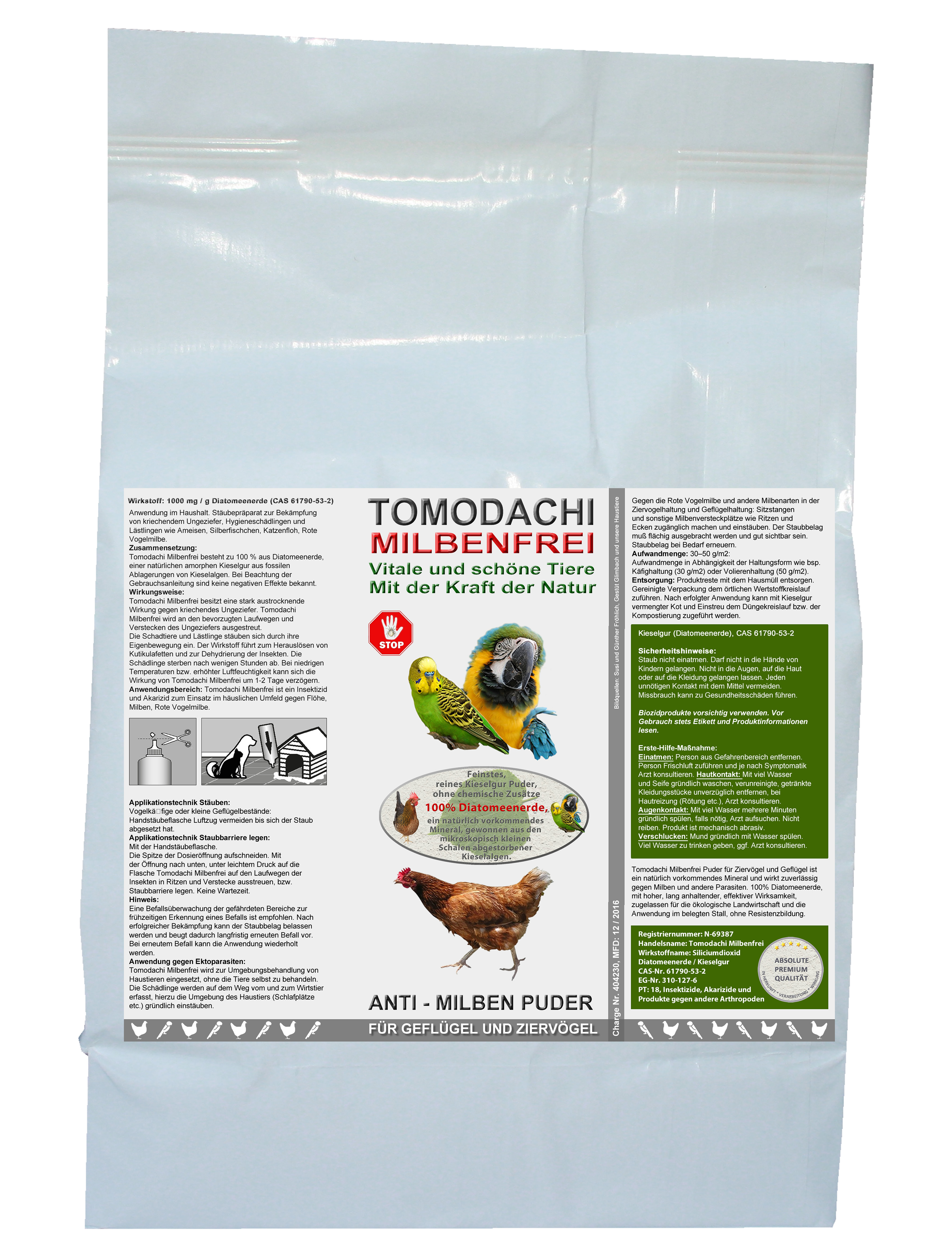 Vogelmilbenkiller Kieselgur, Anti-Milbenpulver, Milbenpuder, Tomodachi Milbenfrei 5 Liter Sack