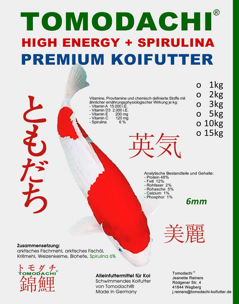 Koifutter, Spirulinafutter, High-Energy + Spirulina  Energiefutter für Koi mit Farbschutz 6mm 5kg