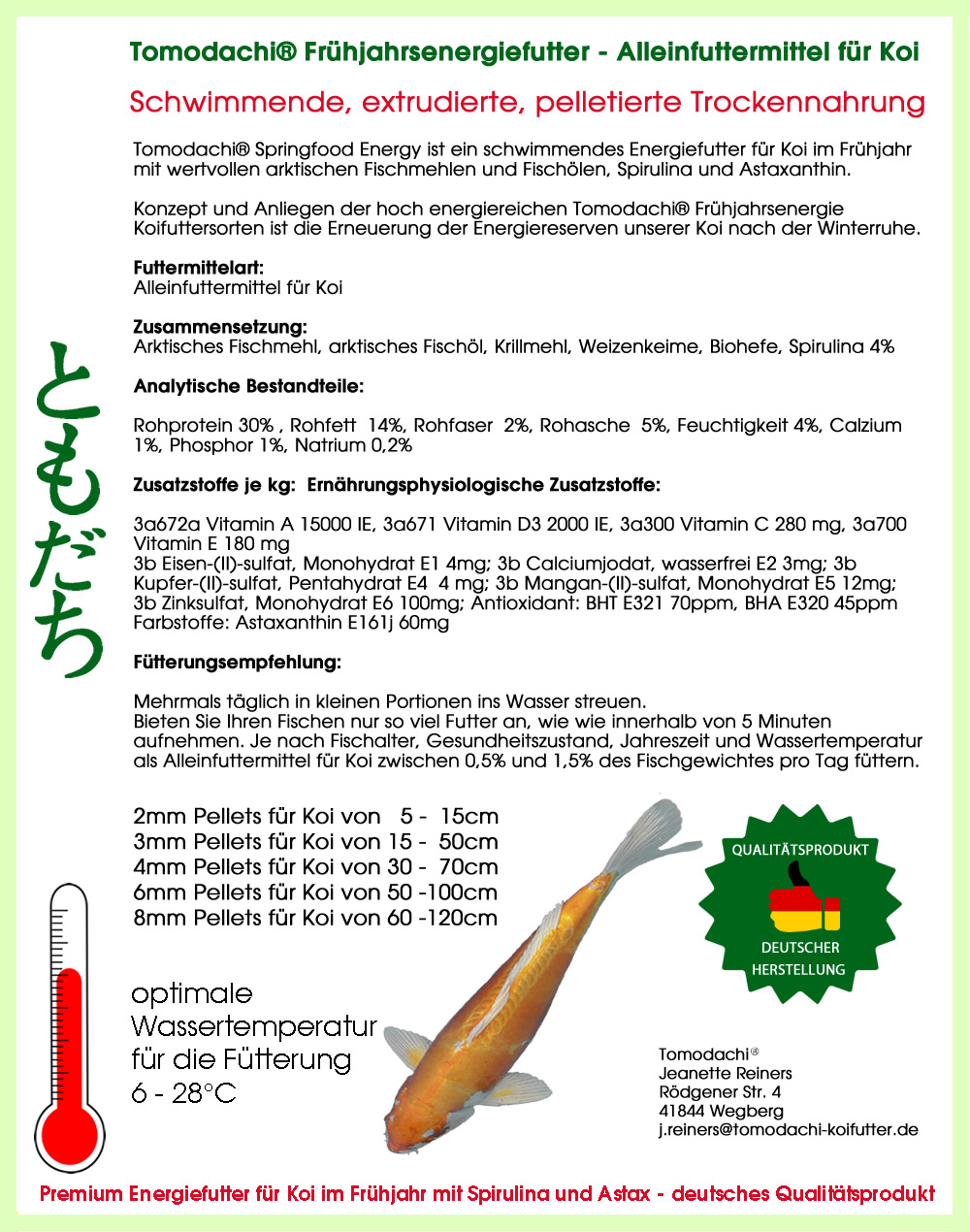 Energiefutter Koi, Frühjahrsfutter, Schwimmfutter Koi Spirulina + Astax 6mm  2kg