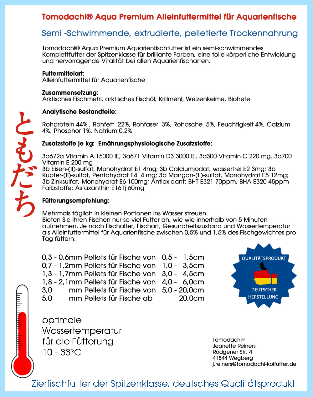 Zierfischfutter, Aquarienfischfutter mit Astax, Tomodachi  Premium Fischfutter,  4 -5 mm 1kg