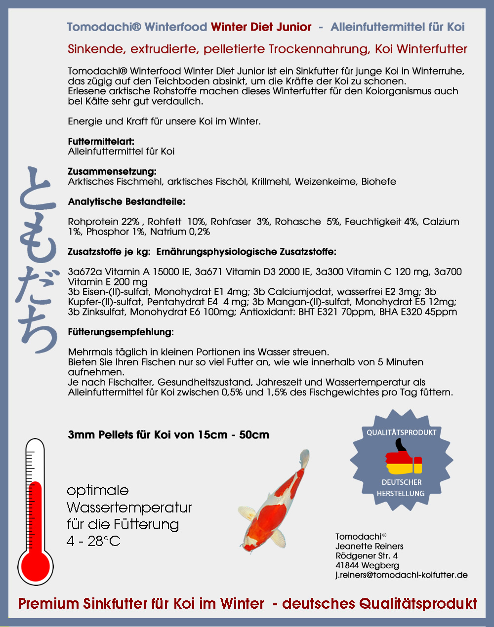 Sinkendes Koifutter, Winterfutter Jungkoi, schnellsinkend, energiereich, WinterDiet Junior 3mm 15kg