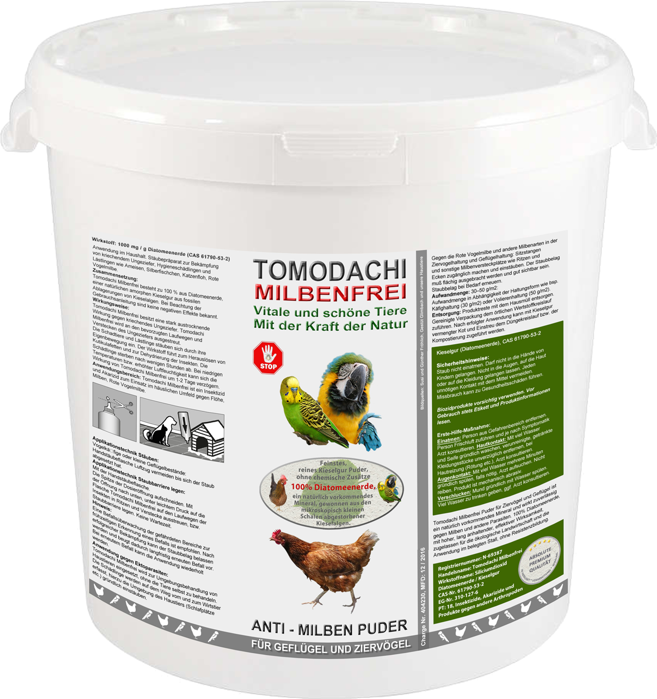 Vogelmilbenkiller Kieselgur, Anti-Milbenpulver, Milbenpuder, Tomodachi Milbenfrei 10L