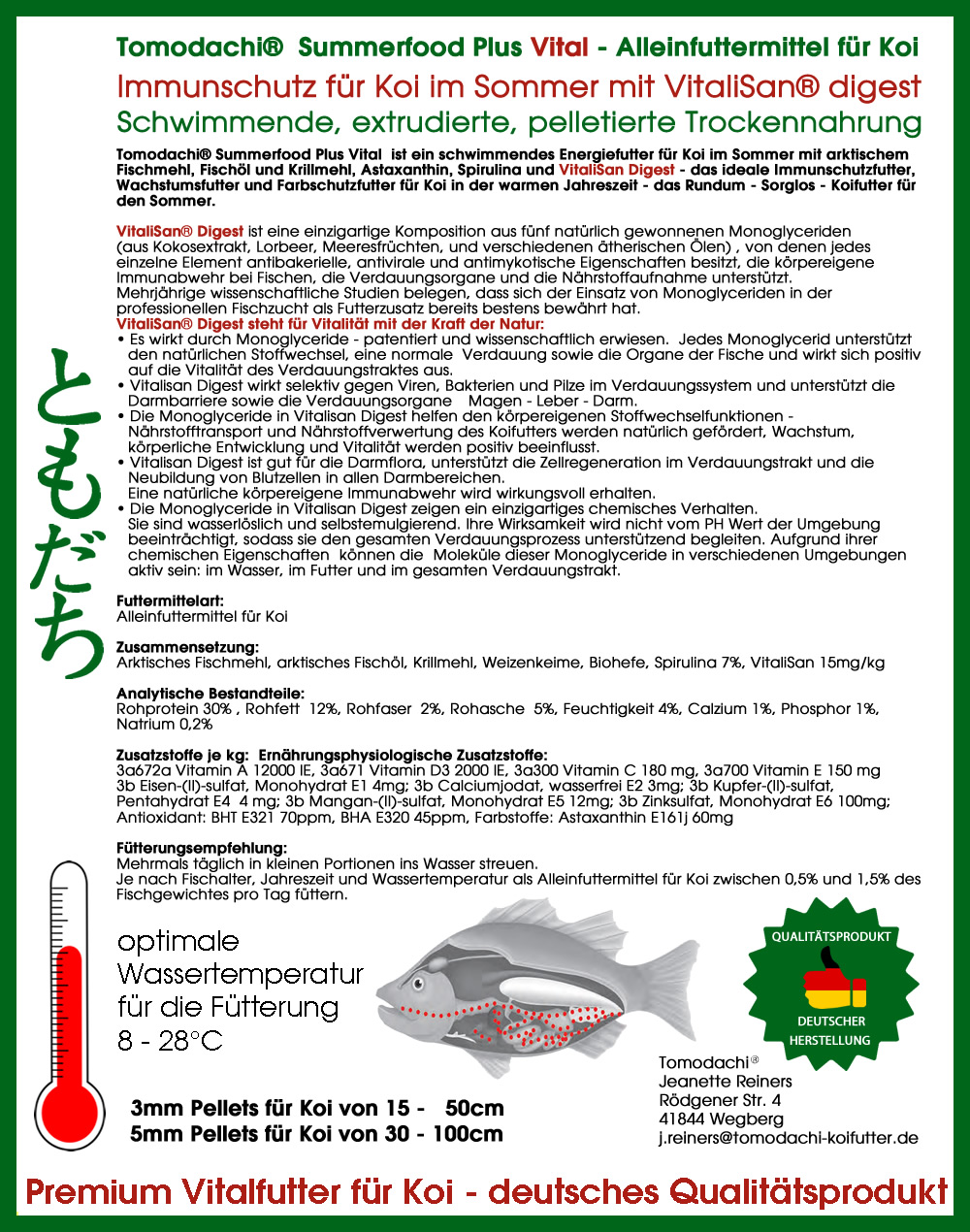 Koifutter, Sommerfutter Koi mit Monoglyceriden, Sommerfutter Plus VITAL Immunschutzfutter 3mm 1kg