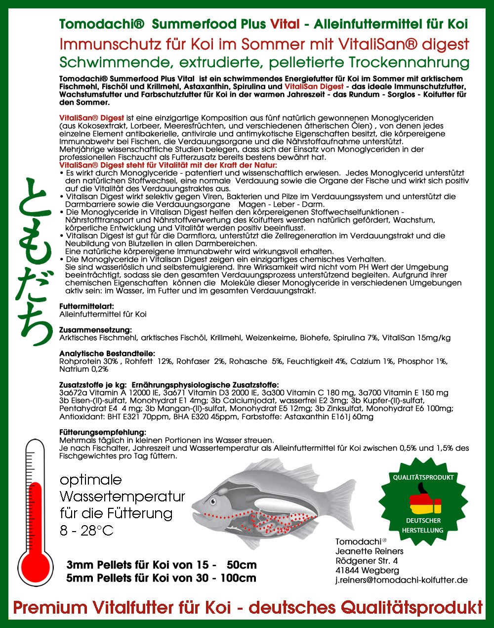 Koifutter, Sommerfutter, Koigesundheit  mit Monoglyceriden, Sommerfutter Plus VITAL  5mm 10kg