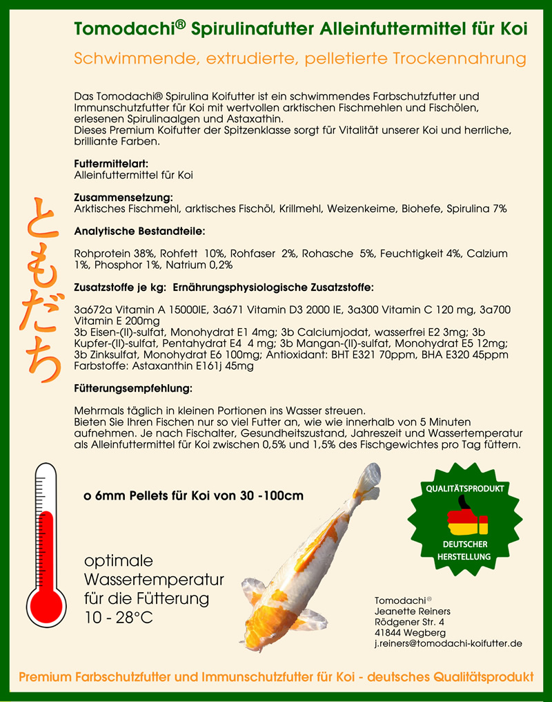 Koifutter, Spirulinafutter 7%, Sommerfutter Farbschutz, Immunschutz Koi,  6mm 2kg