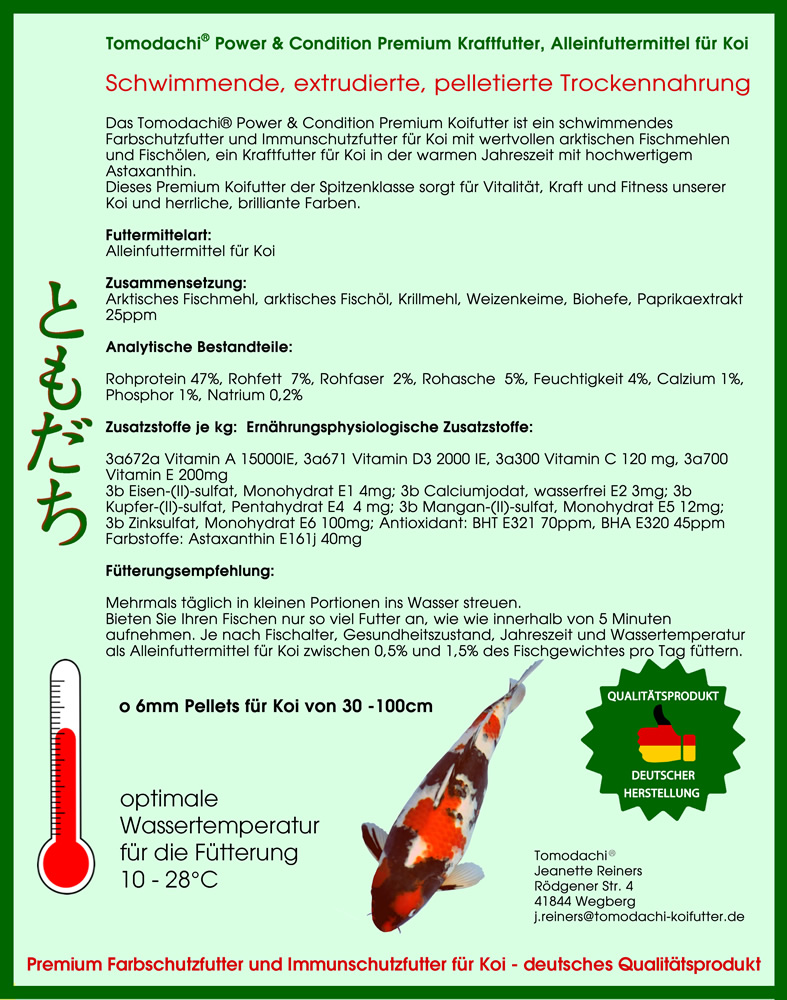 Premium Koifutter, Kraftfutter Koi, Power +Condition, Wachstumsfutter Koi, Körperform, Farbe 6mm 5kg