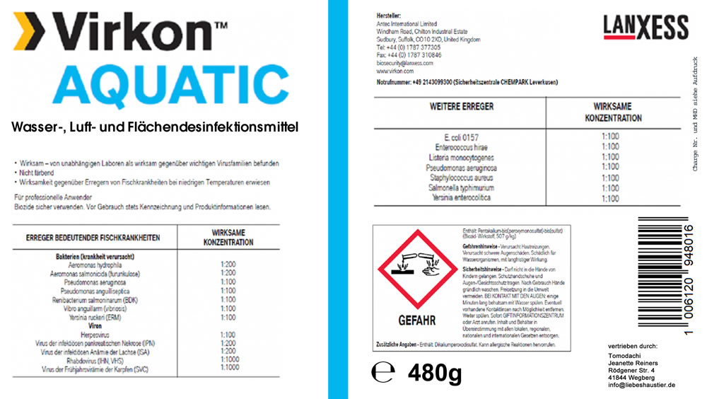 Desinfektion Teichhygiene Virkon Aquatic tötet Viren Bakterien Pilze Einzeller im Koiteich 480g