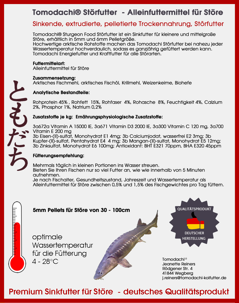 Störfutter, Energiefutter, Kraftfutter, Premium Sinkfutter Stör, Tomodachi Störsinkfutter  5mm 15kg