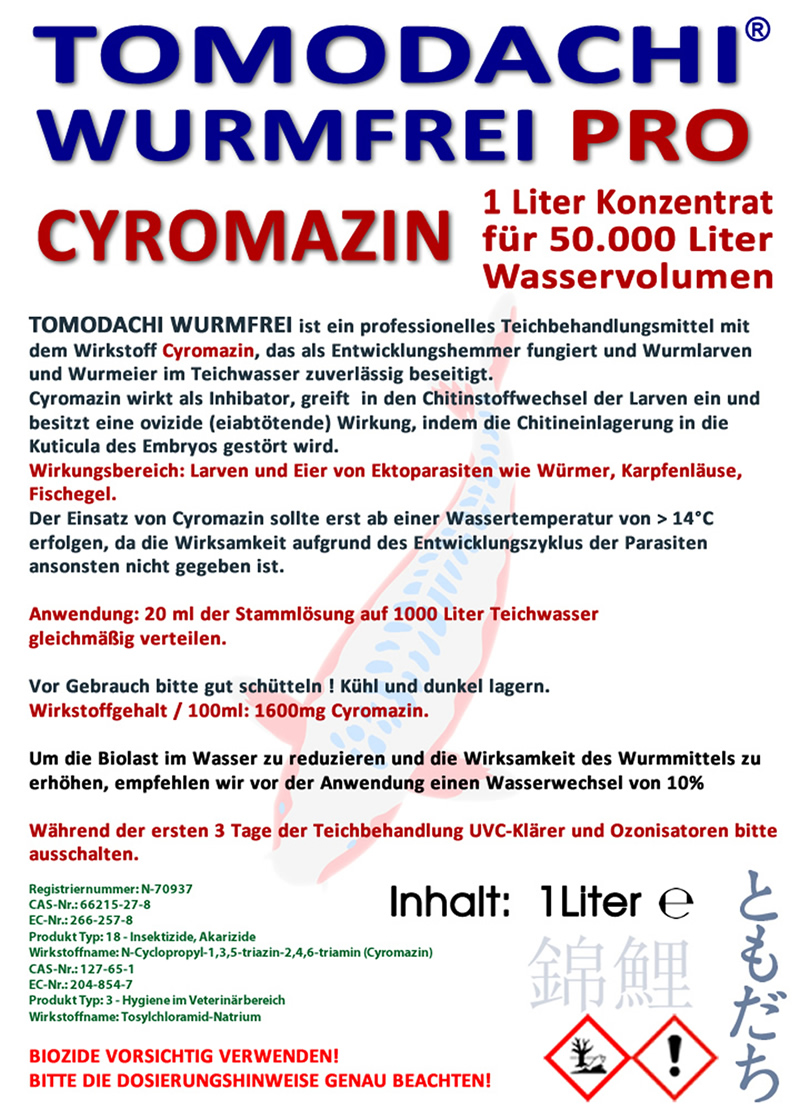 Wurmmittel  Parasitenmittel Karpfenlaus Tomodachi Wurmfrei Pro Cyromazin  1L für 50.000L Teiche