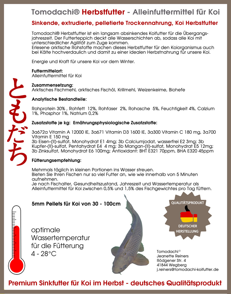 Herbstfutter für Koi, langsam sinkendes Energiefutter für den Herbst 5mm 5kg