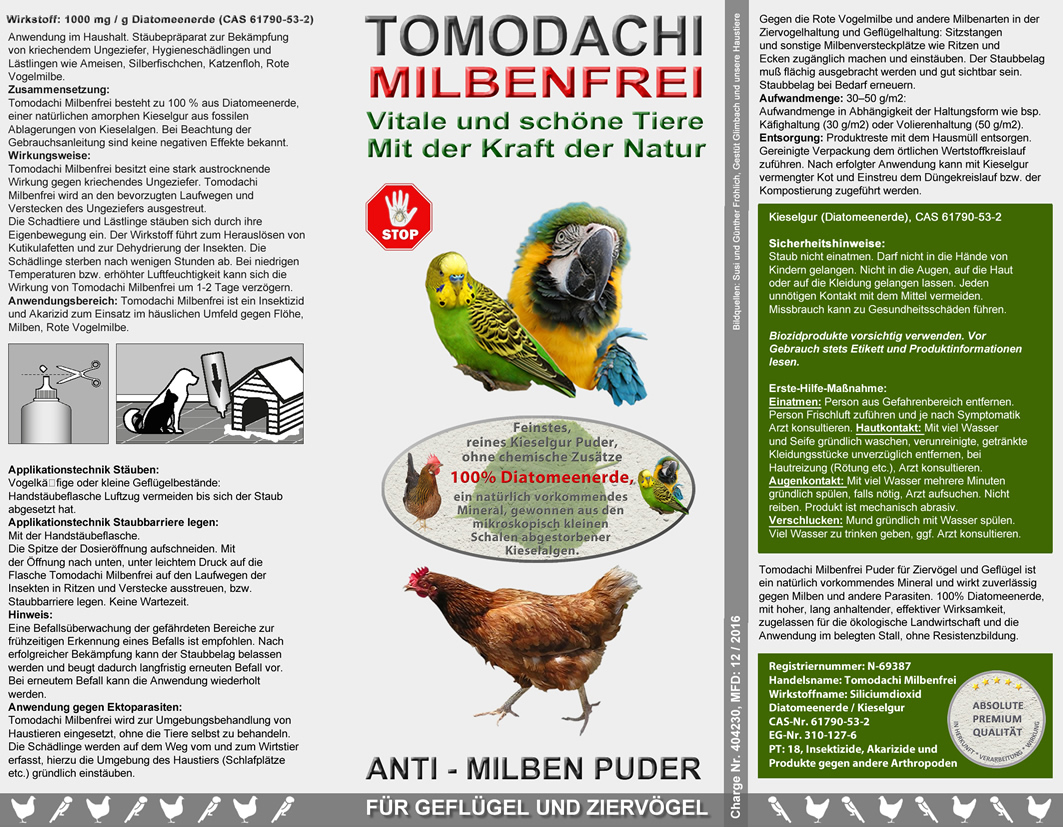 Vogelmilbenkiller Kieselgur, Anti-Milbenpulver, Milbenpuder, Tomodachi Milbenfrei 5 Liter Sack