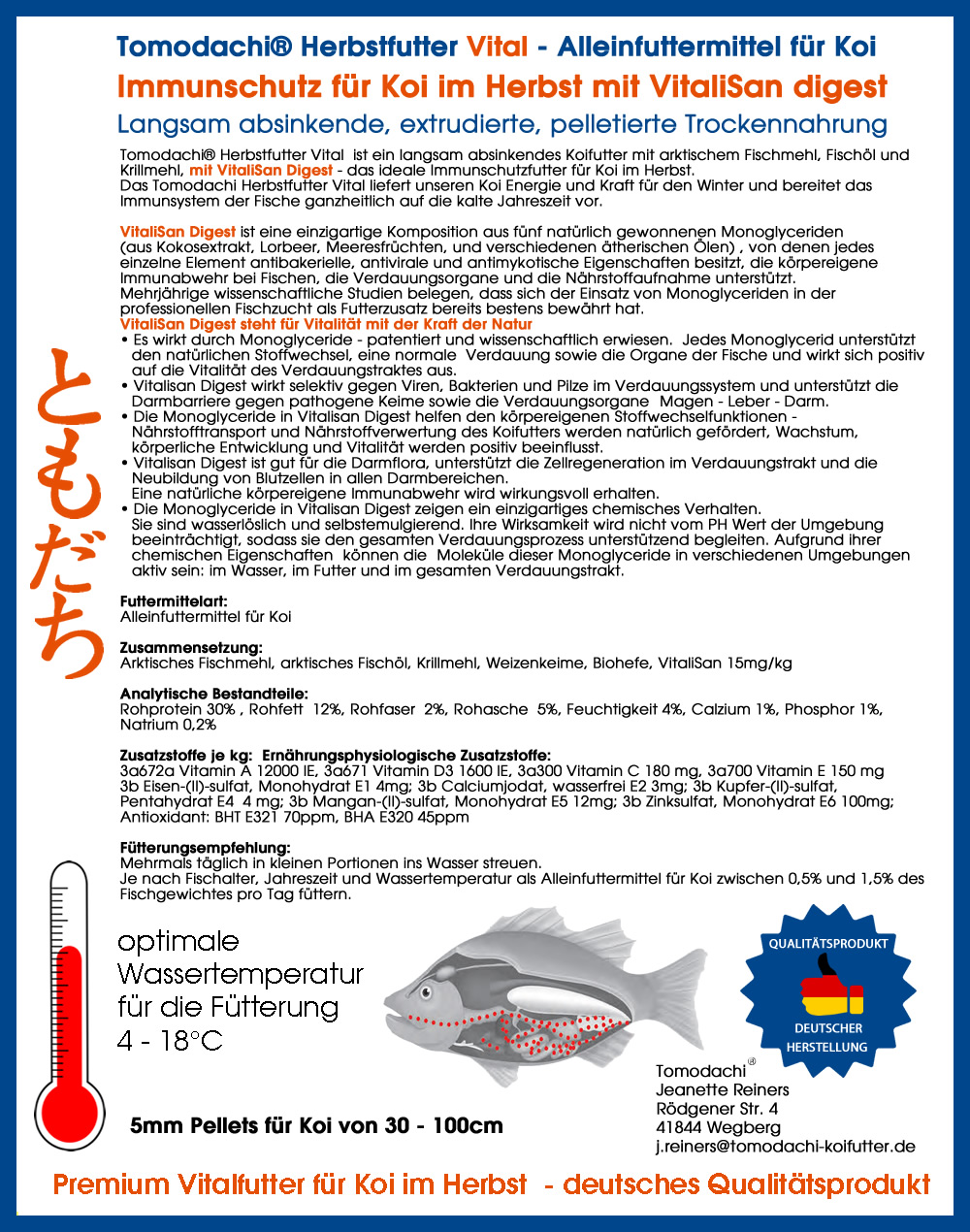 Herbstfutter Koi, sinkendes Gesundheitsfutter Koi mit Vitalisan Monoglyceriden, Immunschutz 1kg