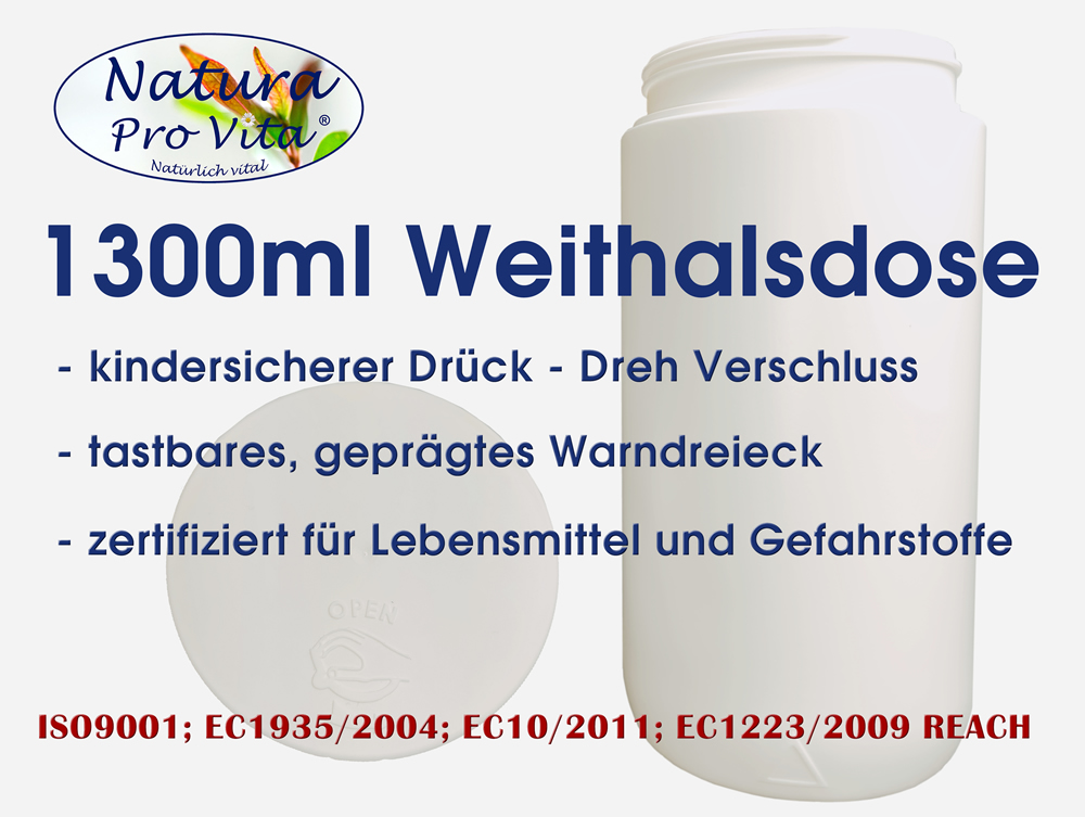 Leerdose HDPE Schraubdose mit Deckel Gefahrstoff und Lebensmittel Zertifikat, kindersicher 1300ml