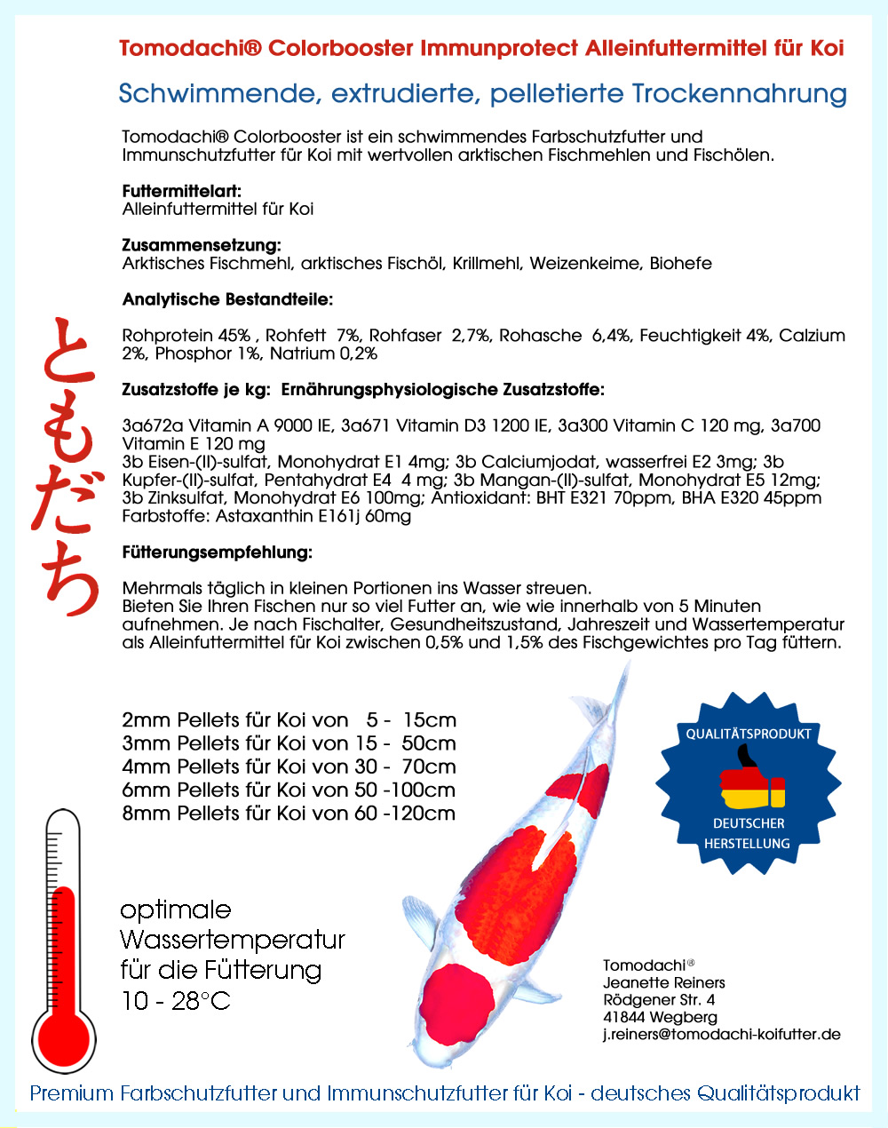 Koifutter mit Astax  Farbschutz und Immunschutz, Wachstumsfutter, Tomodachi Colorbooster 6mm 10kg
