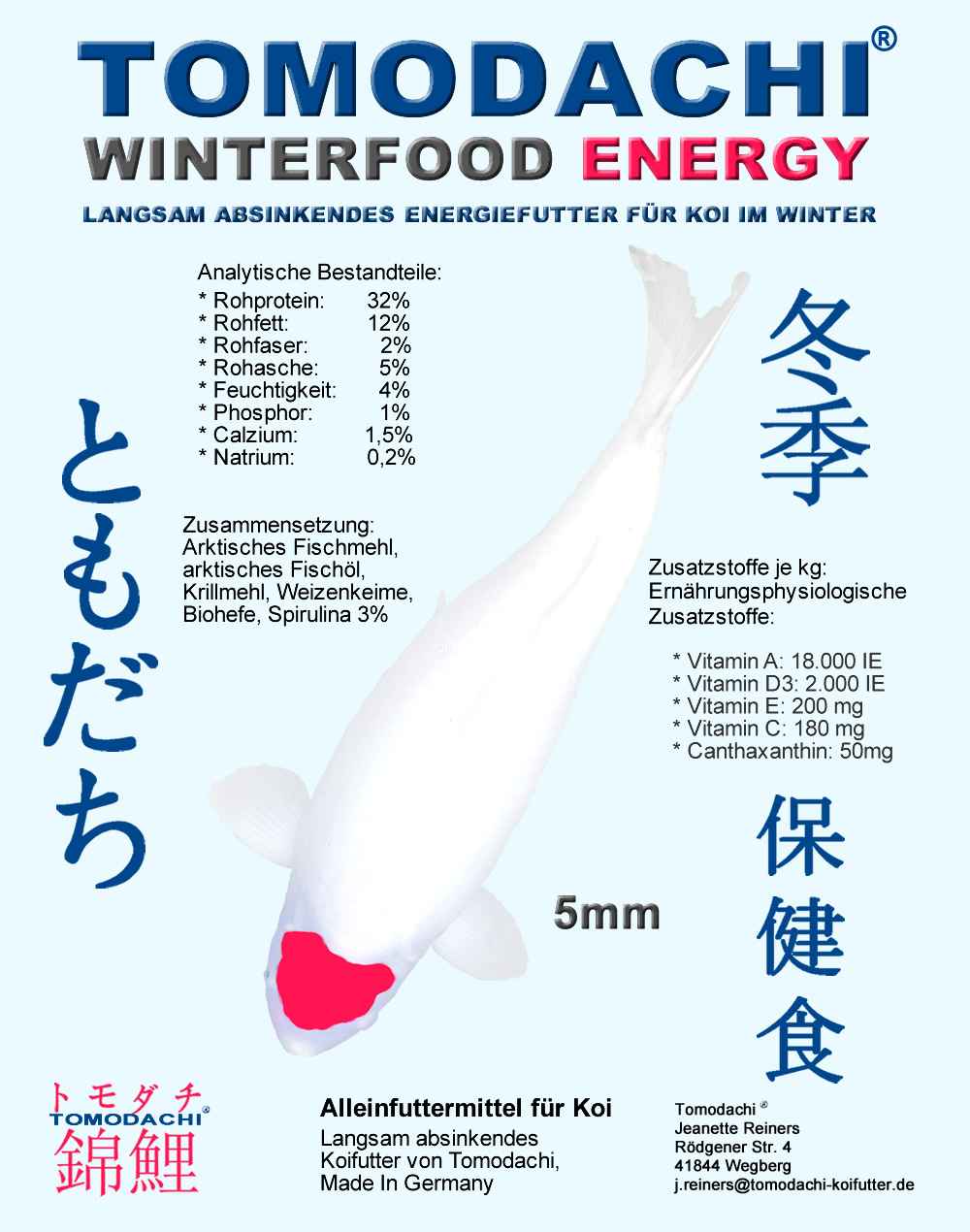 Koifutter für den Winter, Energiefutter langsam sinkend mit Spirulina, Winterfood Energy 5mm 5kg
