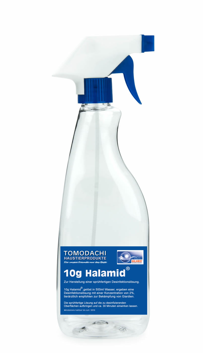 Halamid Spray zur Giardienbekämpfung bei Katze und Hund 0,5L Sprühflasche, 10g