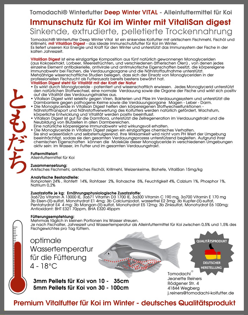 Gesundheitsfutter, Winterfutter Koi, Sinkfutter Monoglyceride, Tomodachi Deep Winter Vital 3mm 5kg