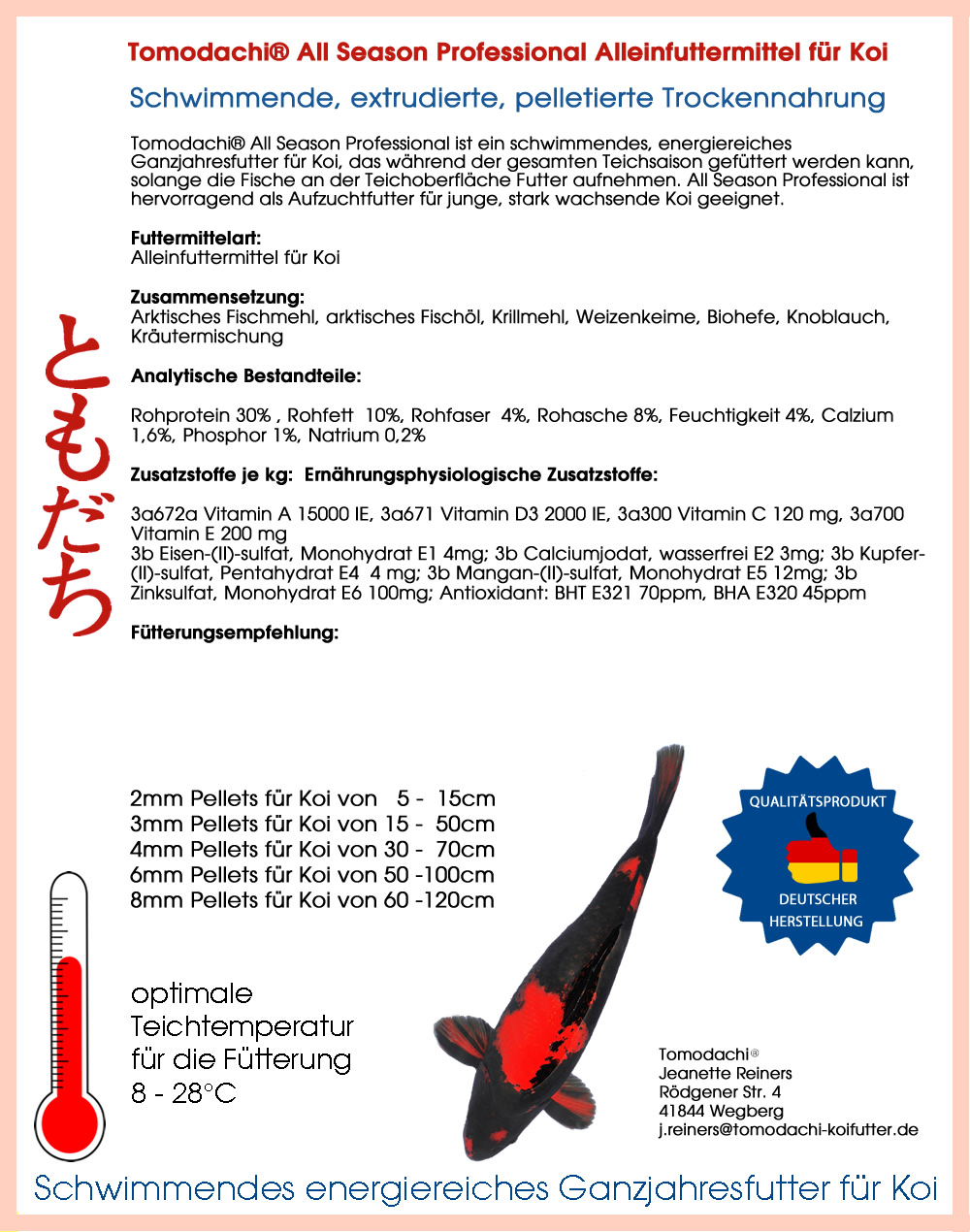 All Season Professional Koifutter, Energiefutter, Ganzjahresfutter, Wachstumsfutter Koi  8mm 5kg