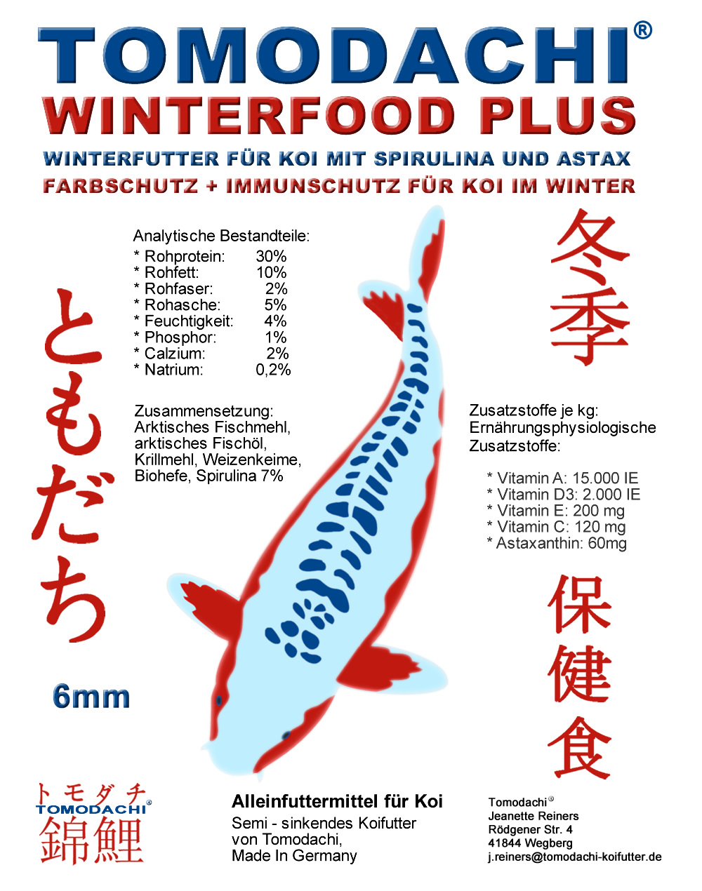 Koifutter Winterfutter mit Spirulina + Astax semi sinkend hochverdaulich  Winterfood Plus 6mm 5kg