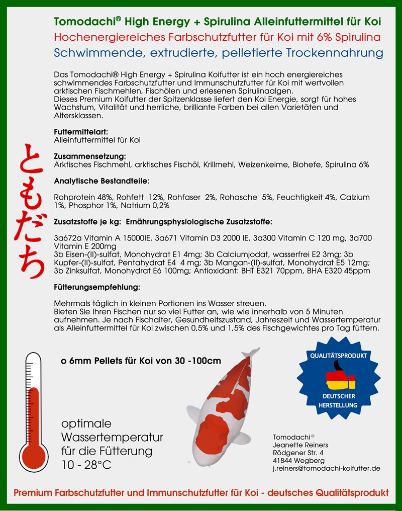 Spirulinafutter, Energiefutter Koi, Premium Koifutter High Energy +Spirulina, Farbschutz  6mm 10kg