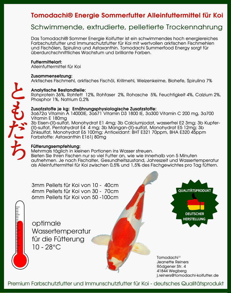 Sommerfutter Koi, Spirulina Farbfutter, Energiefutter Koi, super Wachstum 15kg 4mm