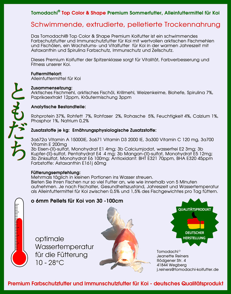 Koifutter Premium Sommerfutter, Wachstum  Koi, Top Color + Shape, Fitness, Farbverbesserung  6mm 5kg