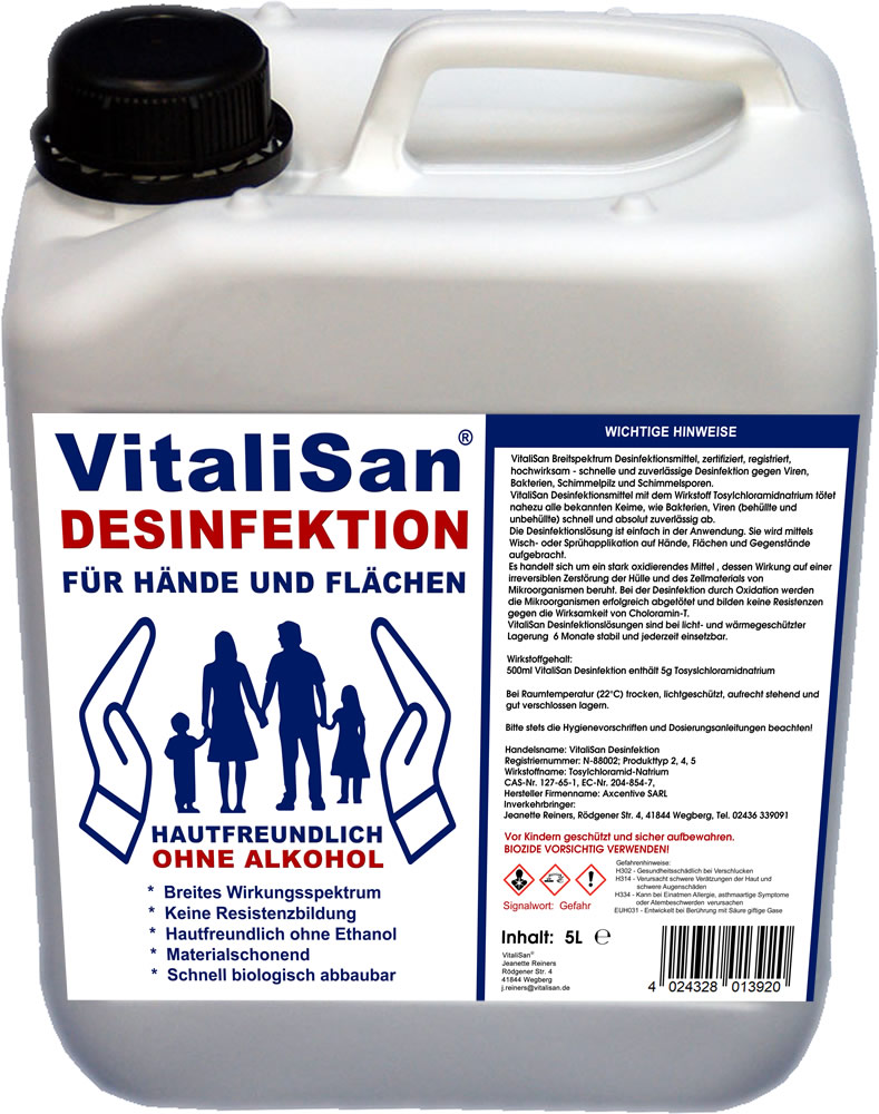 Handdesinfektion, Flächendesinfektion, Desinfektionsmittel  Viren, Bakterien, Pilze VitaliSan 5Liter