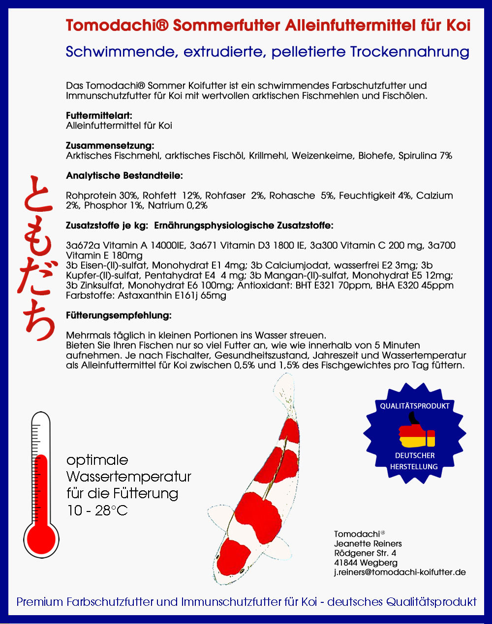 Koifutter,  Sommerfutter, Premium Schwimmfutter, Spirulina + Astax Farbschutzfutter 6mm, 10kg