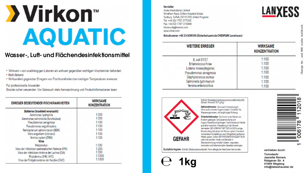 Desinfektionsmittel Virkon Aquatic Hygiene  tötet Viren Bakterien Schimmel Einzeller im Teich 1kg