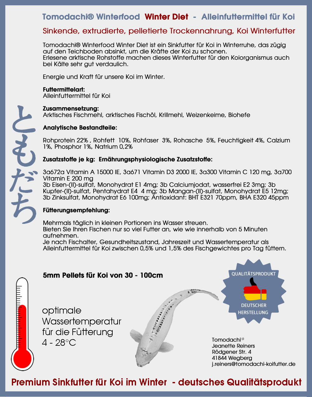 Koifutter, Winterfutter, Sinkfutter für Koi in Winterruhe, WinterDiet, Energie und Schonkost 5mm 5kg