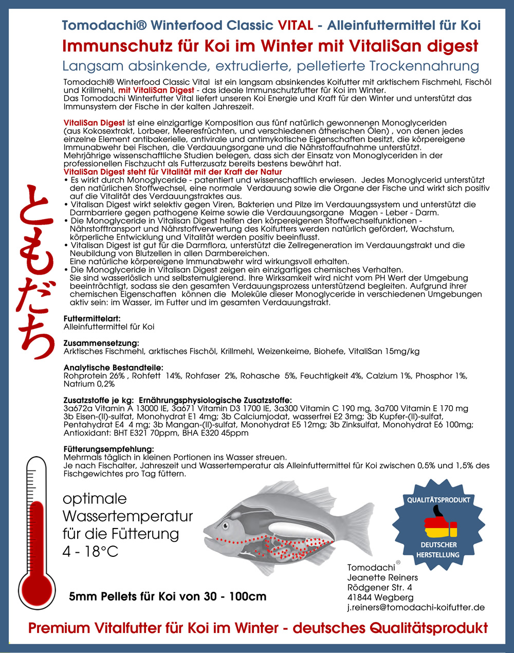 Gesundheitsfutter, Winterfutter Koi, Sinkfutter Monoglyceride, Winterfutter Classic Vital 5mm 1kg