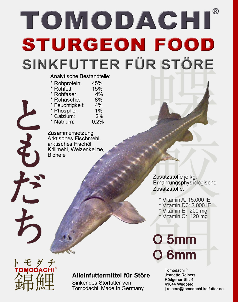 Störfutter, Energiefutter, Kraftfutter, Premium Sinkfutter Stör, Tomodachi Störsinkfutter  5mm 15kg