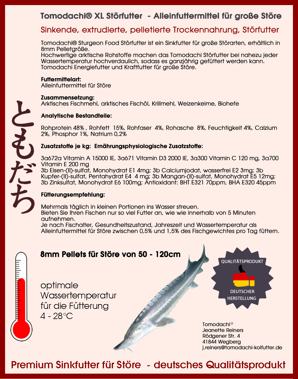 Störfutter 8mm Pellets, Energiefutter für große Störe, Sinkfutter, Kraftfutter, Tomodachi  10kg