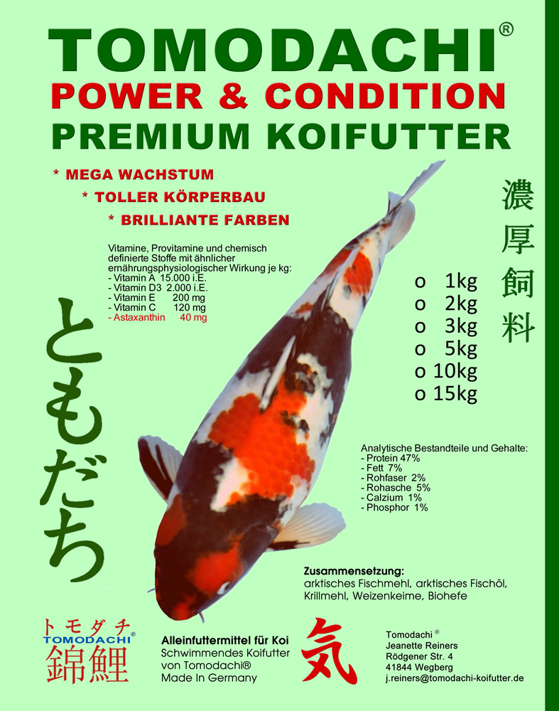 Koifutter Premium Wachstumsfutter,  Kraftfutter für Koi, Power +Condition, Vitalität, Farbe 6mm 15kg