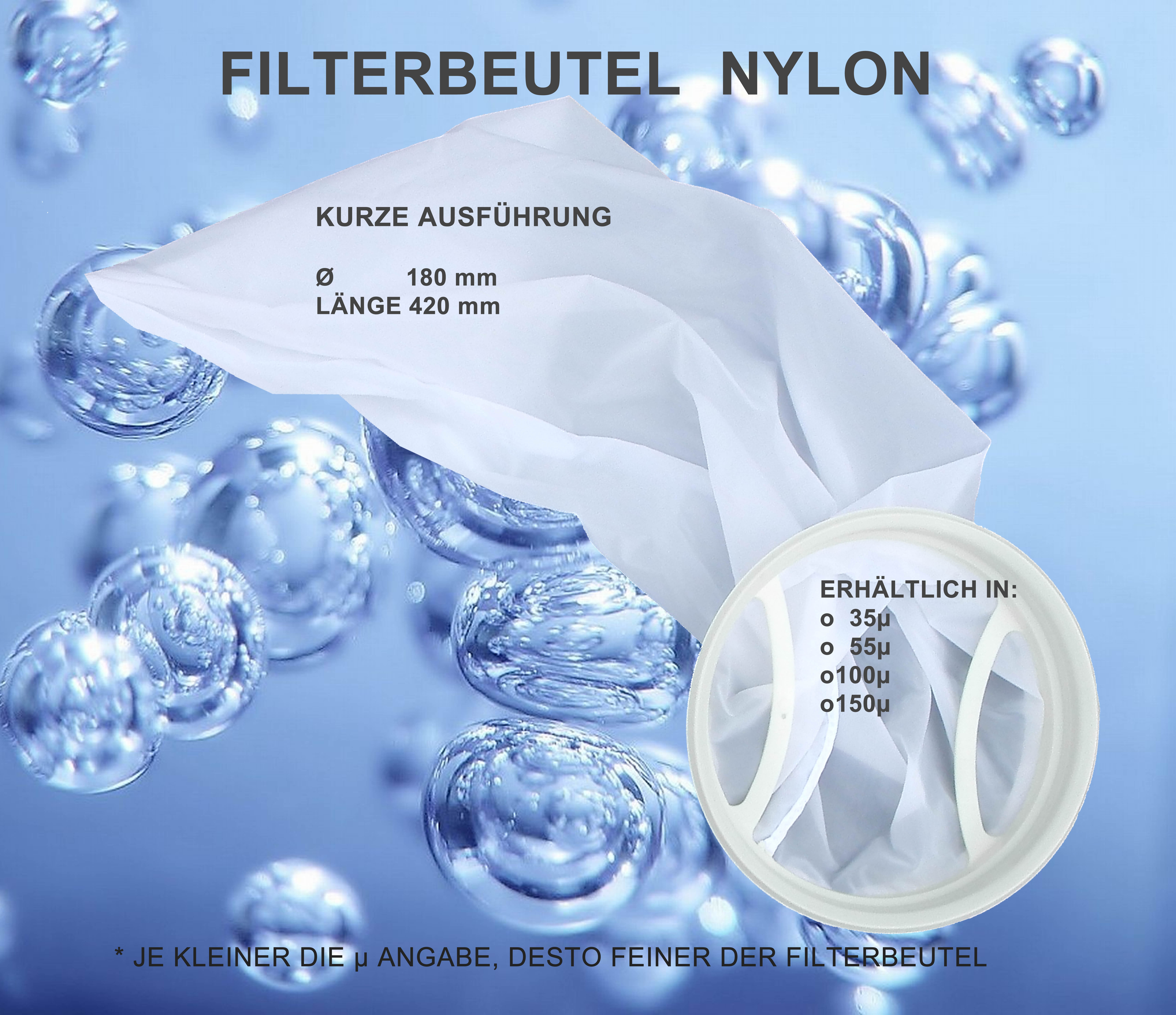 Filterbeutel, Nylonfilterstrumpf Algenkiller, 4er Sparpack 150 Micron, 42cm, kurze Ausführung
